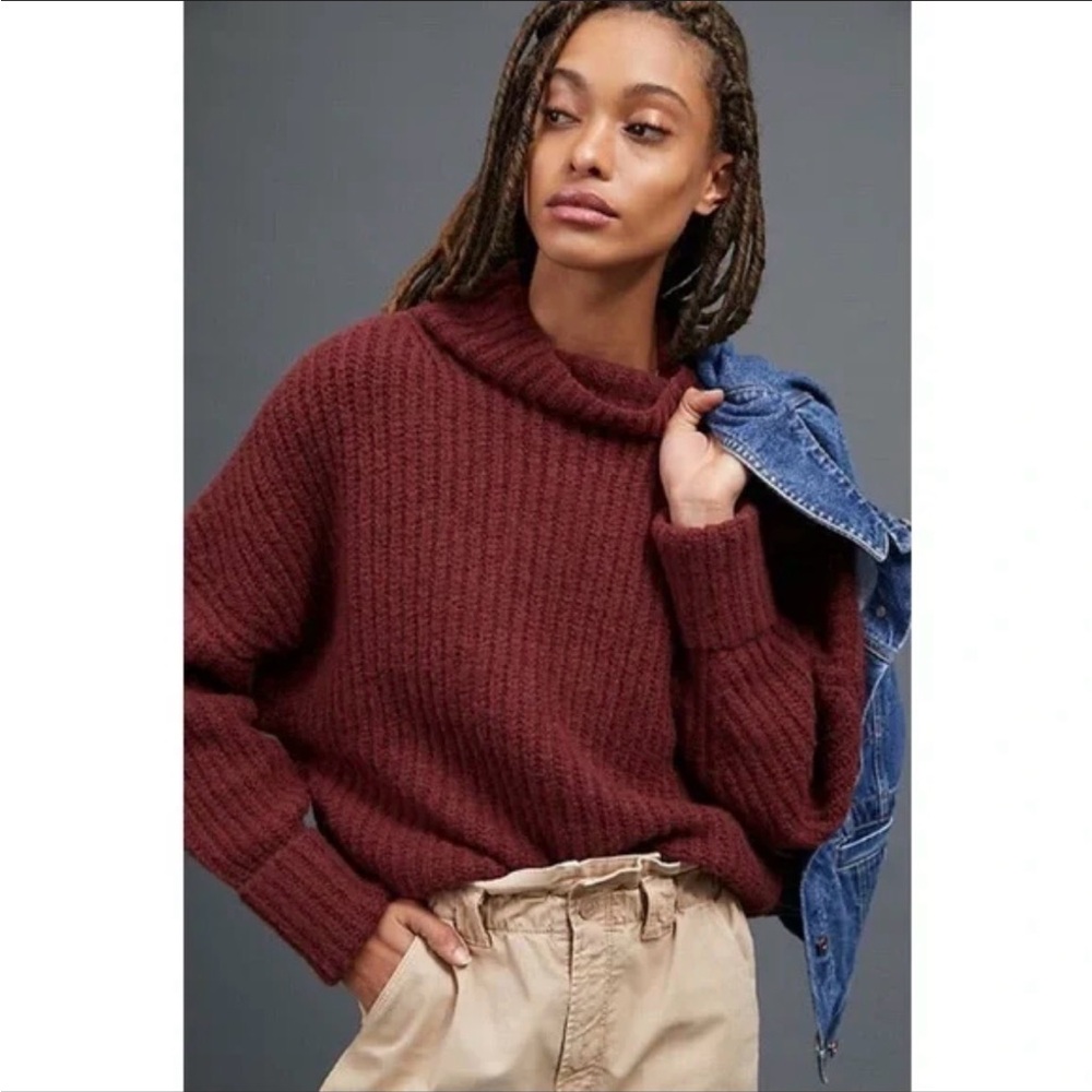Anthropologie Maeve Women's Athena Chunky Knit Maroon Ribbed Wool Sweater - Sz M